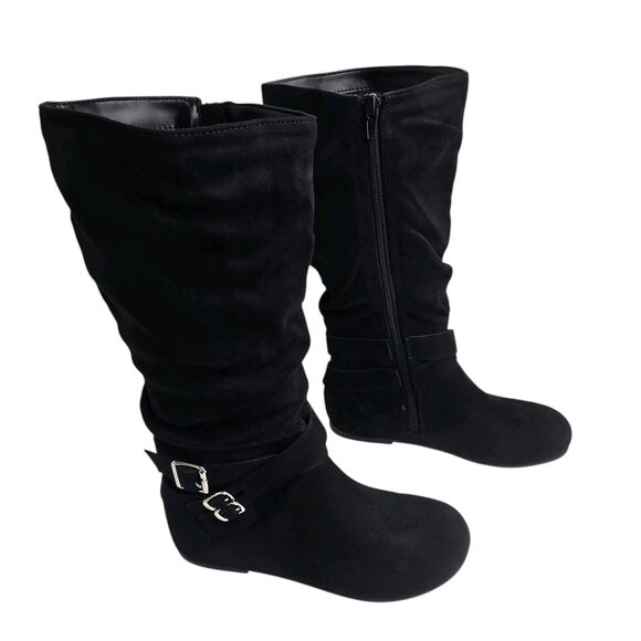 Soda Deena Black Zip Up Tall Boots Flat Silver Buckle Girls Size 2.5 - Picture 2 of 8